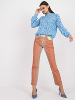 Niebieski ażurowy sweter klasyczny z długim rękawem RUE PARIS