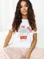 Ecru-jasnoróżowa bawełniana piżama z kapciami 