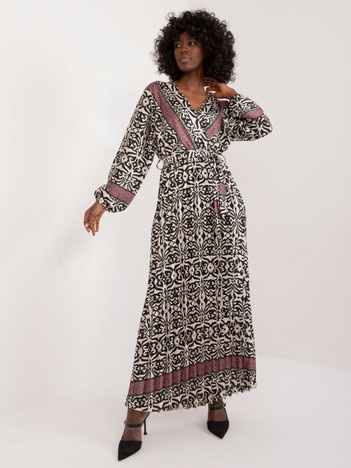 Hurt Czarno-beżowa wzorzysta sukienka z paskiem