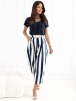 Ecru-navy striped summer culottes.