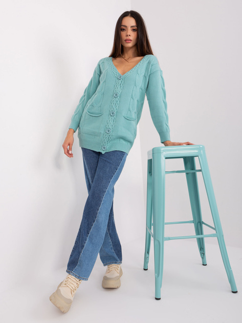 Hurt Miętowy damski sweter rozpinany z warkoczami