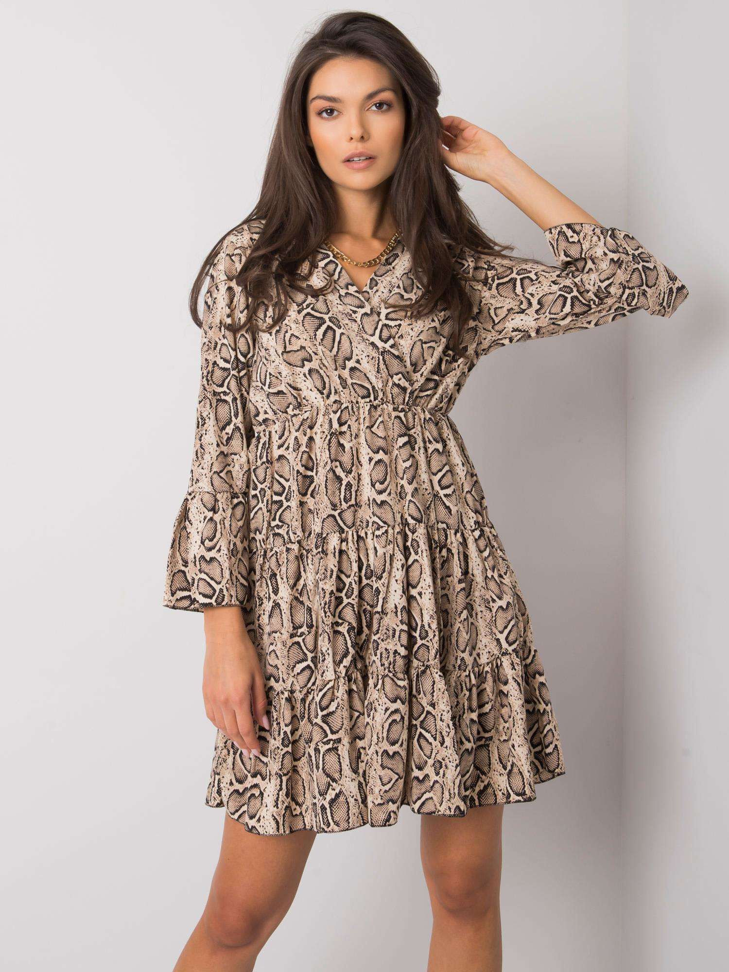 Beige-schwarzes Kleid mit Tiermustern Maren.