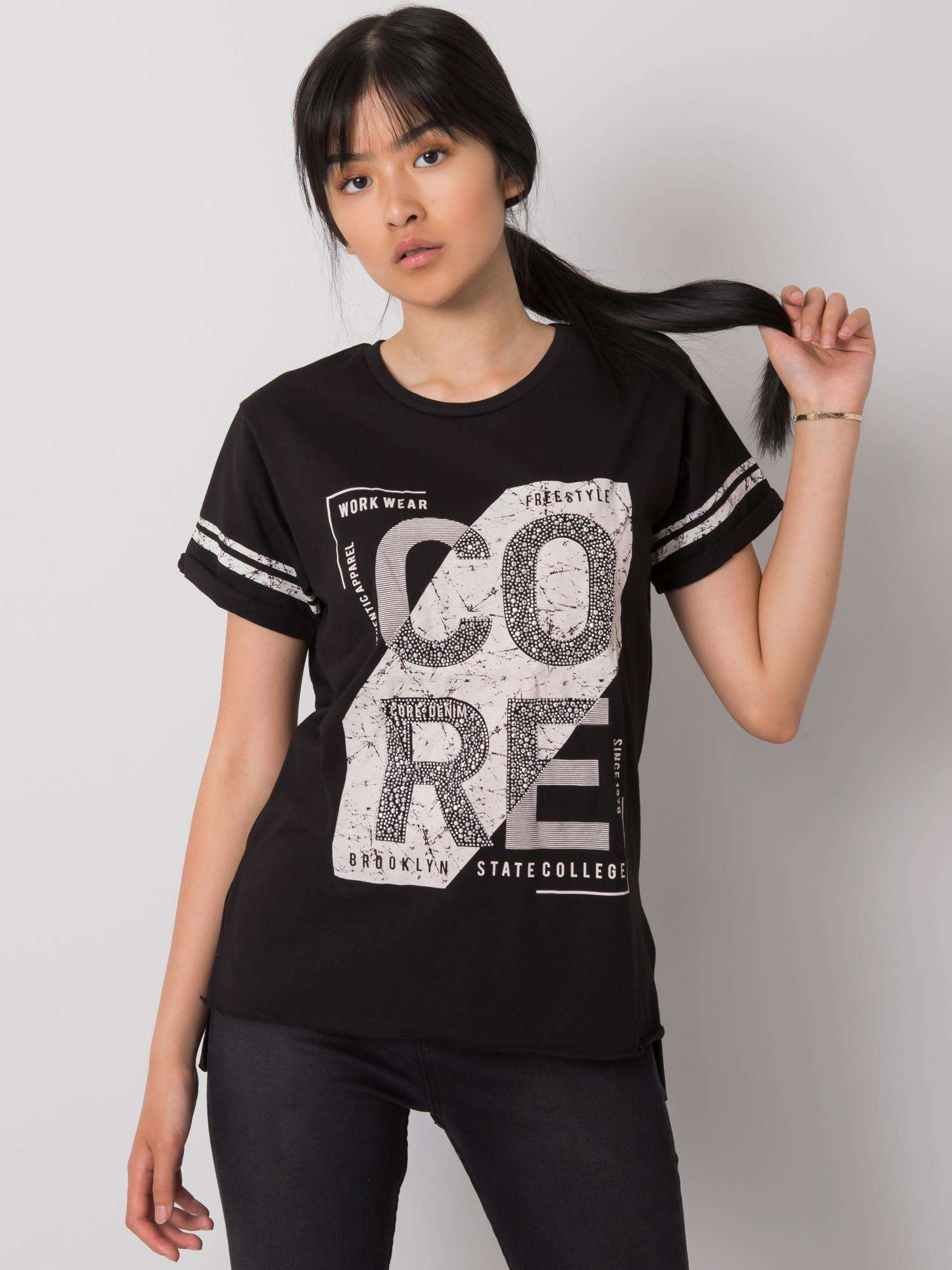 Schwarzes T-Shirt mit Aufdruck Amber.
