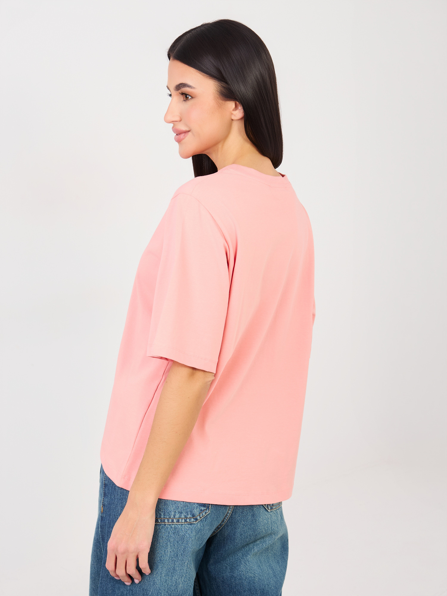 Brzoskwiniowy t-shirt basic z okrągłym dekoltem RUE PARIS 