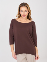 Czekoladowa bawełniana bluzka basic z rękawem 3/4 RUE PARIS 