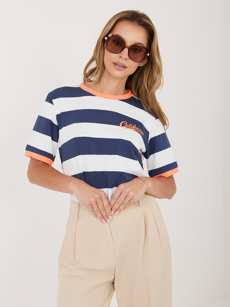 Fluo pomarańczowo-granatowy bawełniany t-shirt w paski