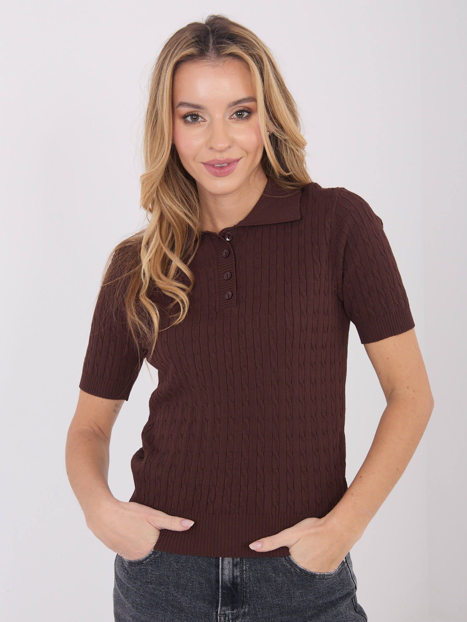 Dark brown women's sweater with a collar.