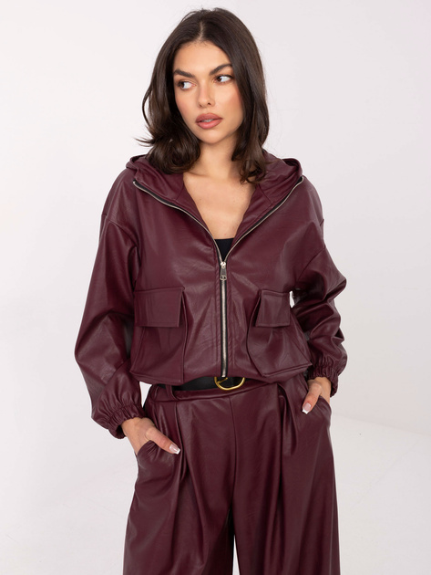Burgundowa skórzana kurtka z kapturem RUE PARIS