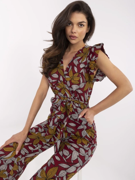 Bordowy kombinezon w tropikalny wzór Casja