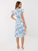Blue flared dress with patterns.