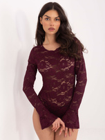 Burgundowe przezroczyste body z koronki 