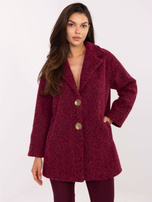 Burgundy short coat with a fluffy effect.