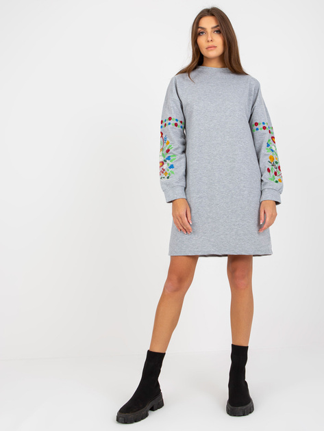 Hurt Szara melanżowa sukienka dresowa z haftem na rękawach RUE PARIS