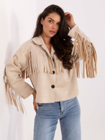 Beige Cowboyjacke mit Knöpfen.