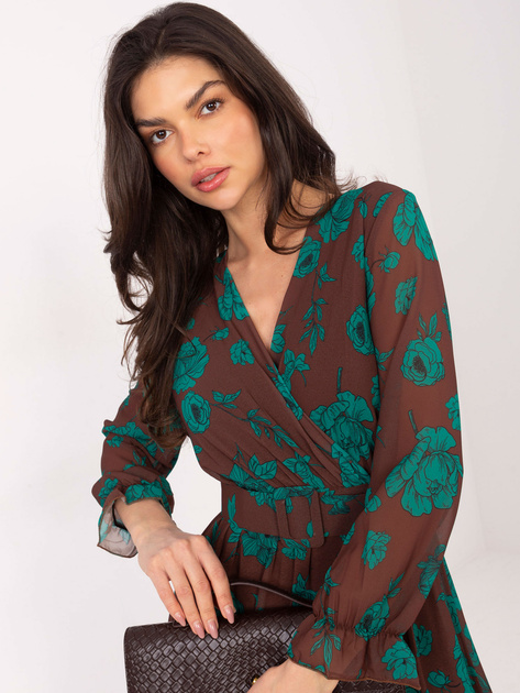 Brązowo-zielona sukienka z falbaną Loriella