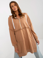 Hurt Camelowa długa bluza oversize z kapturem i rozcięciami