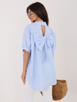 White-blue zip-up shirt with RUE PARIS appliqués.