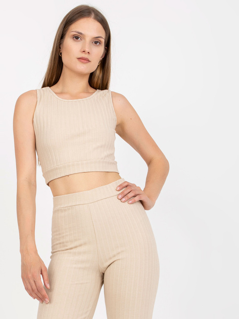 Beżowy dwuczęściowy komplet casualowy w prążki