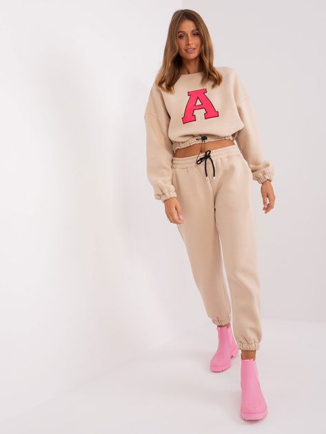 Hurt Beżowo-fluo różowy komplet dresowy z literą A