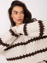 Ecru-brązowy damski sweter oversize z półgolfem