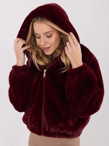 Bordowa futrzana kurtka z kapturem