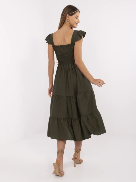 Khaki midi sukienka elastycznym marszczeniem