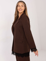 Brown blazer with lace trim.