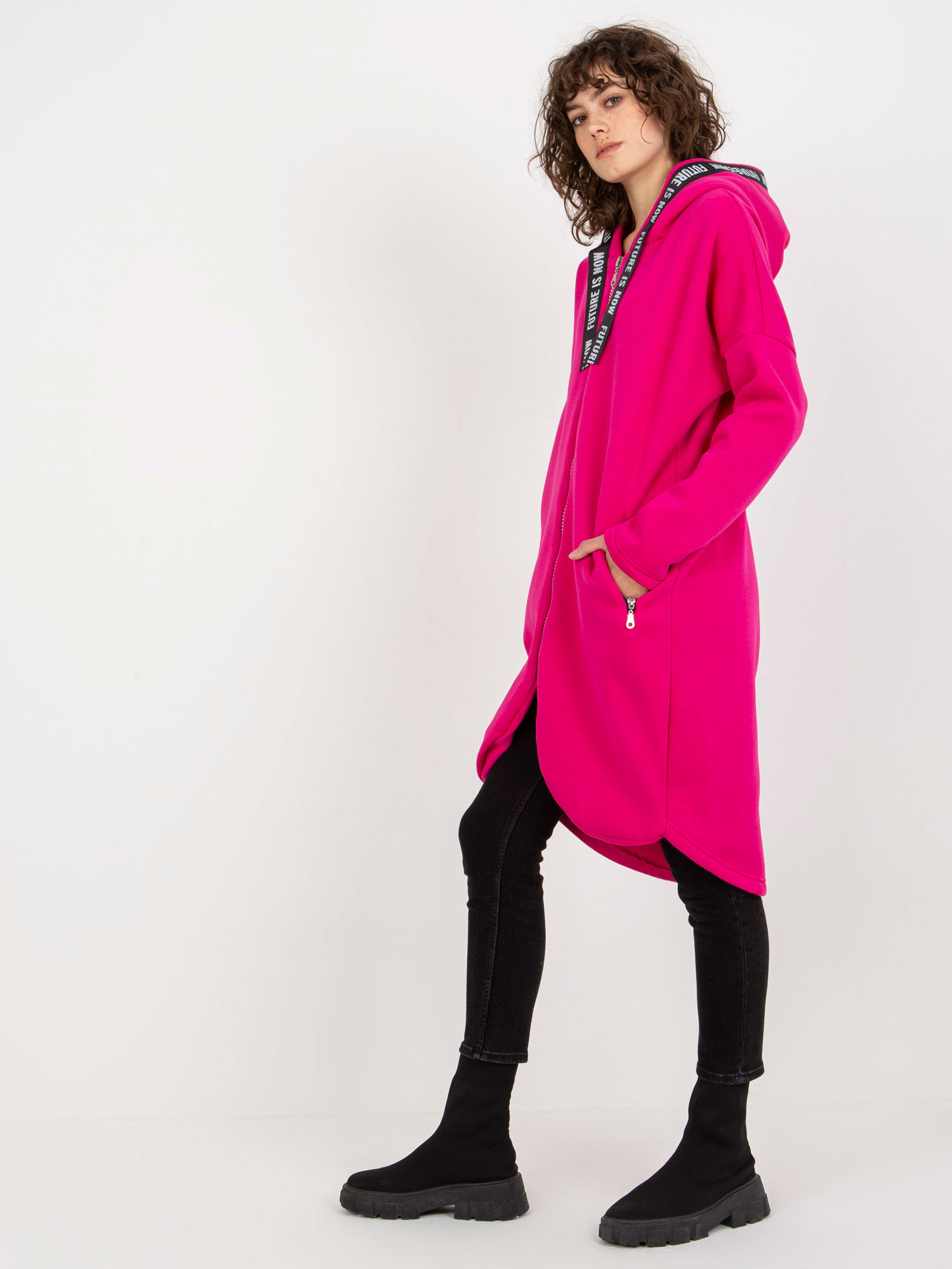 Wholesale Fuchsia long zip-up oversized sweatshirt.