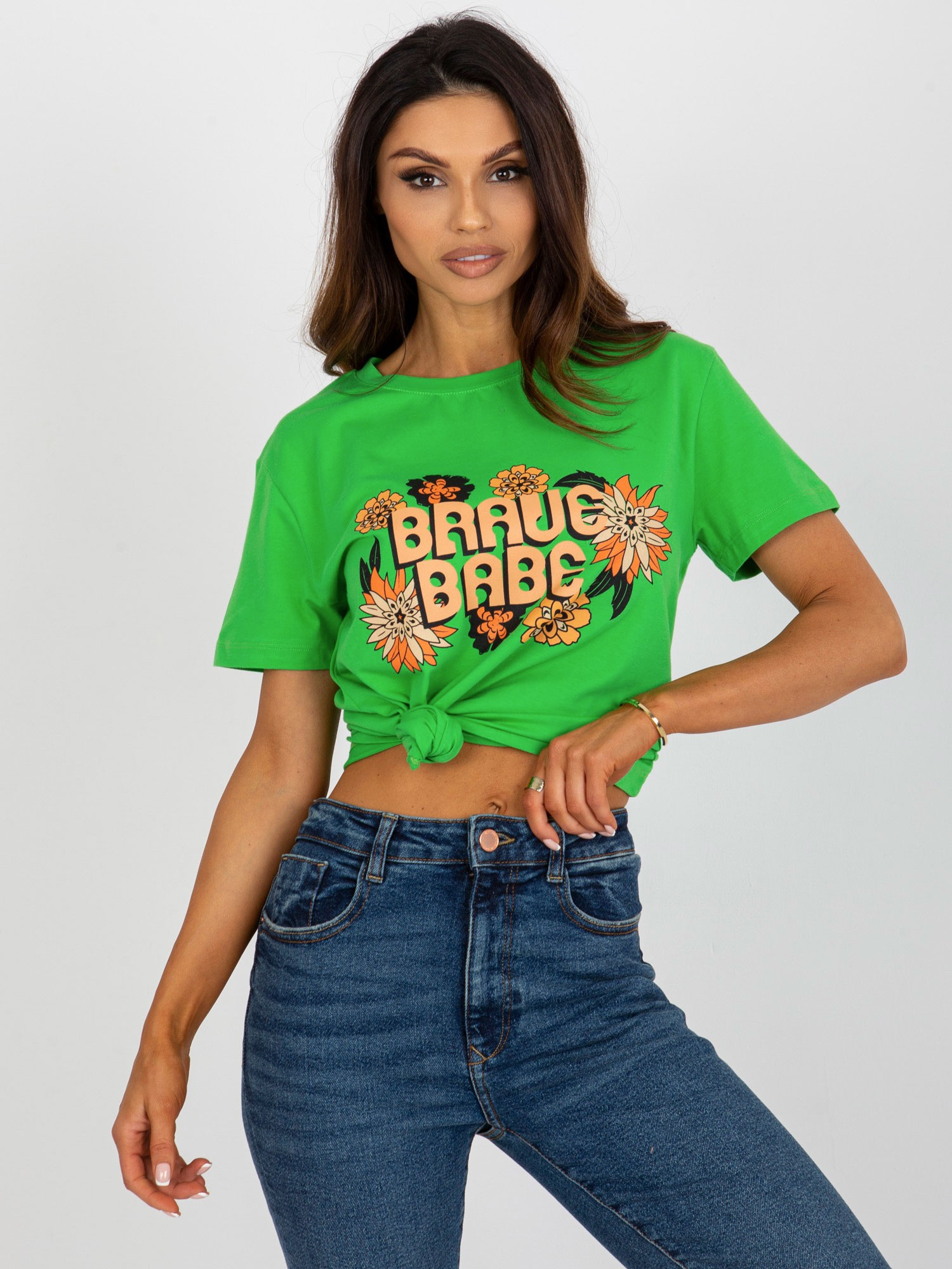 Hurtownia Zielony damski t-shirt z napisem i nadrukiem