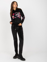 Großhandel RUE PARIS Schwarzes zweiteiliges Velours-Set mit Hoodie.