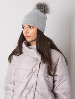 Szara ocieplana czapka damska z pomponem
