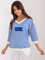 Hurtownia Kobaltowo-biała damska bluzka z naszywką