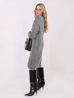 Dark gray sweater dress with ribbing.