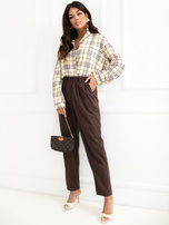 Czekoladowe sztruksowe spodnie z talią paper bag RUE PARIS  