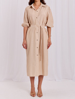 Beige striped shirt dress.