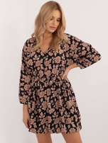 Hurt Beżowo-czarna sukienka w kwiaty z długim rękawem