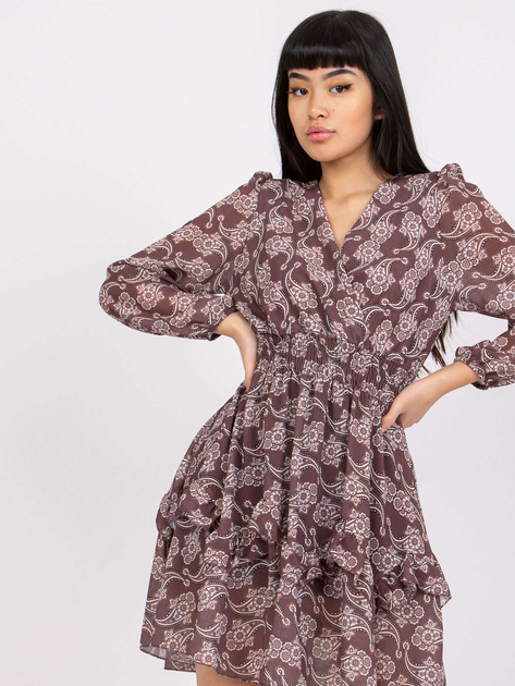 Brązowa wzorzysta sukienka z falbaną Kim OCH BELLA