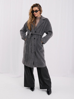 Dunkelgrauer Übergangsmantel im Oversize-Stil mit Gürtel.