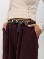 RUE PARIS Burgundy corduroy trousers with tapered leg.
