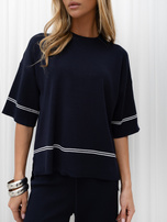 Navy knitted set with minimalist stripes.