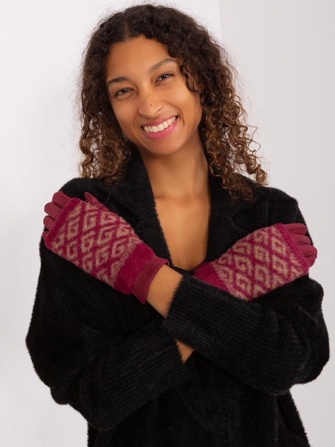 Hurtownia Bordowe ciepłe rękawiczki we wzory