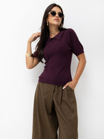 Dark purple polo sweater with ribbed cuffs.