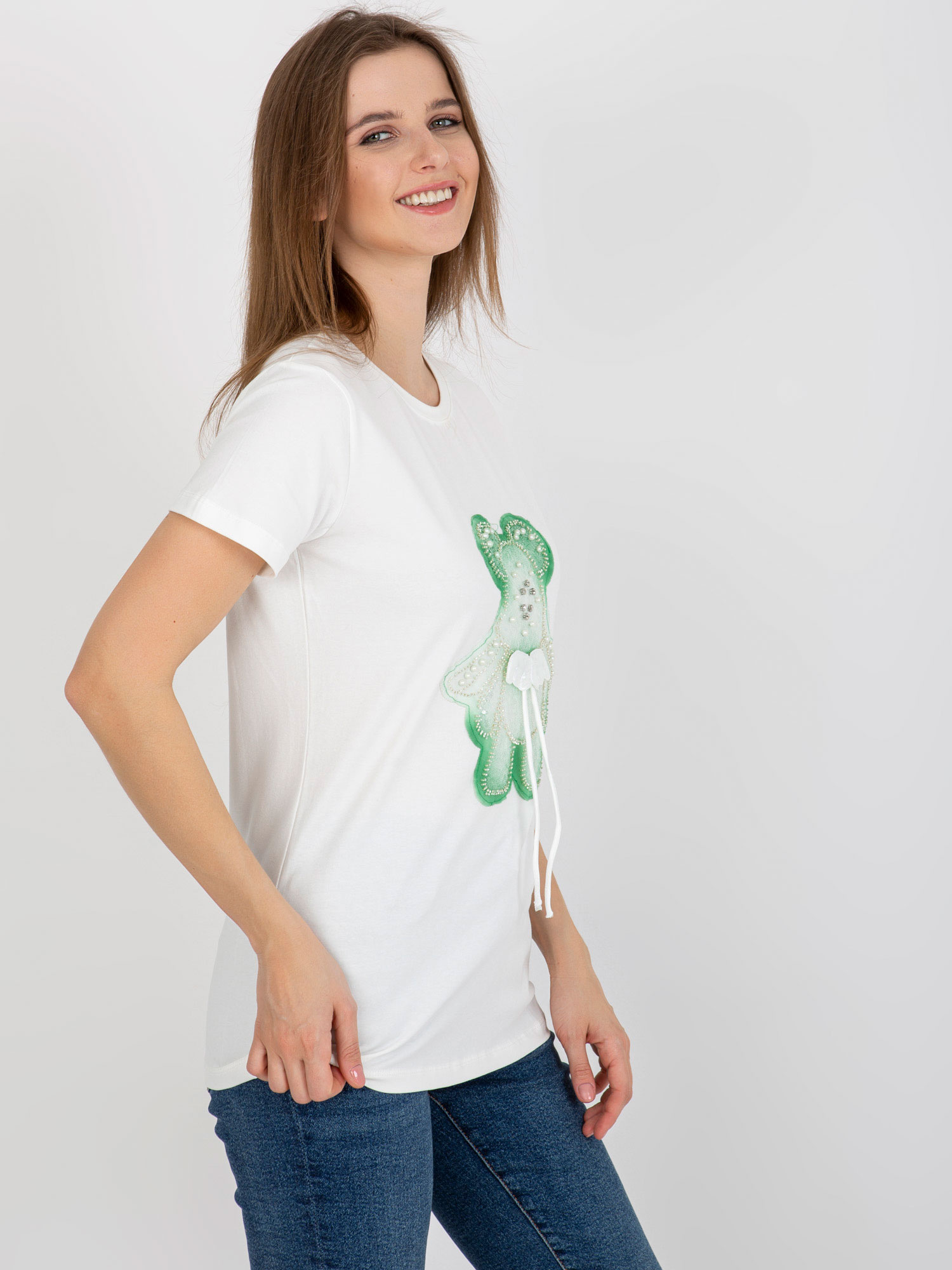 Hurt Ecru-zielony bawełniany damski t-shirt z aplikacją 3D 