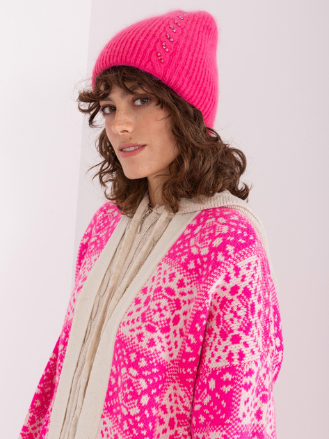 Hurt Ciemnoróżowa damska czapka zimowa z dżetami