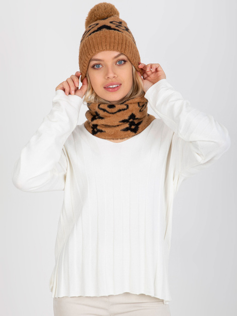 Hurtownia Camelowo-czarna damska czapka zimowa we wzory