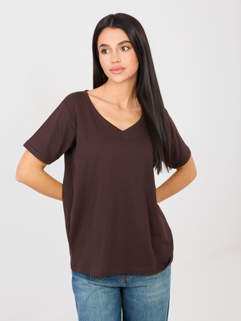 Czekoladowy t-shirt basic z bawełny RUE PARIS 