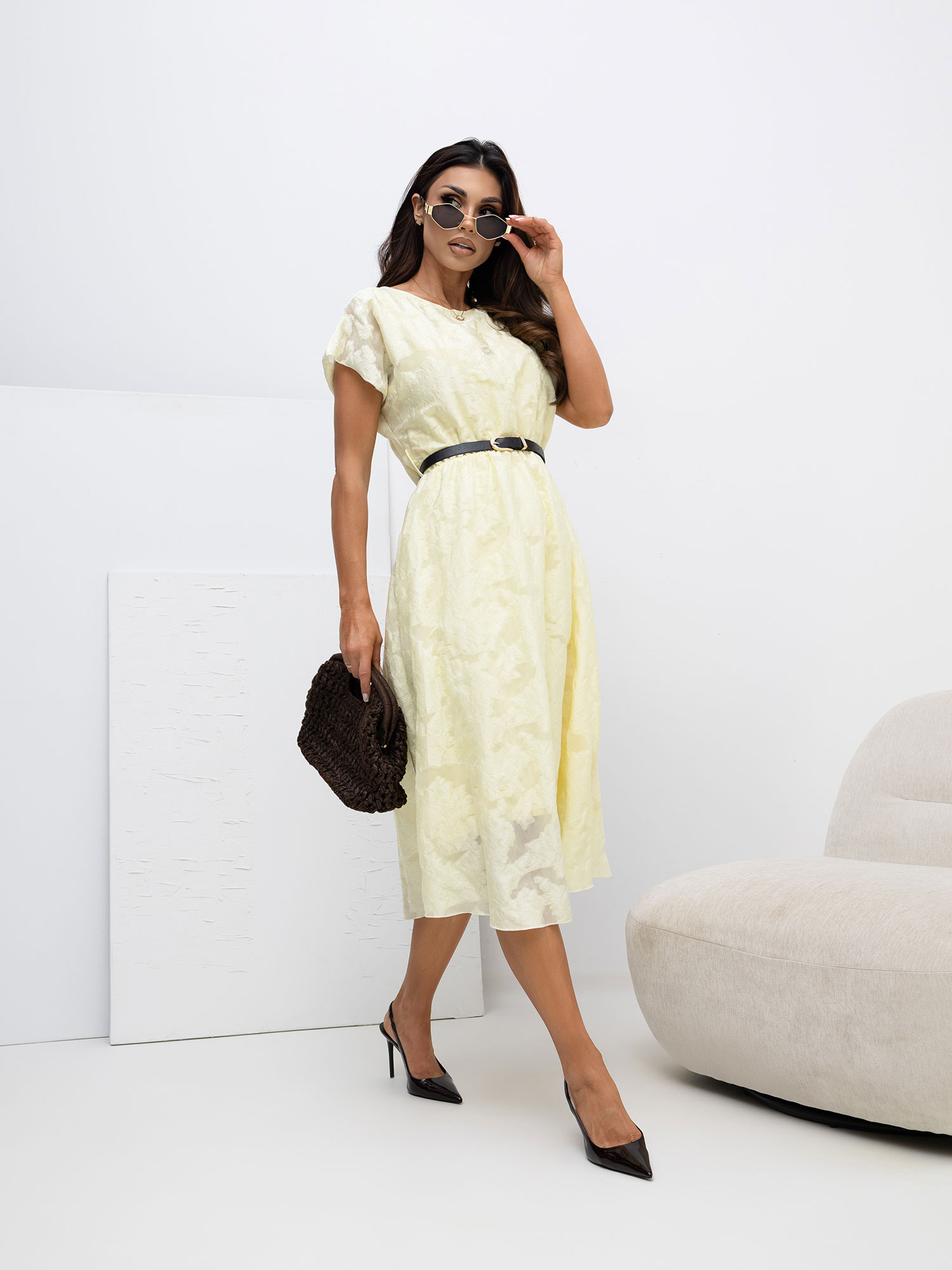 Jasnożółta elegancka sukienka z podszewką RUE PARIS 