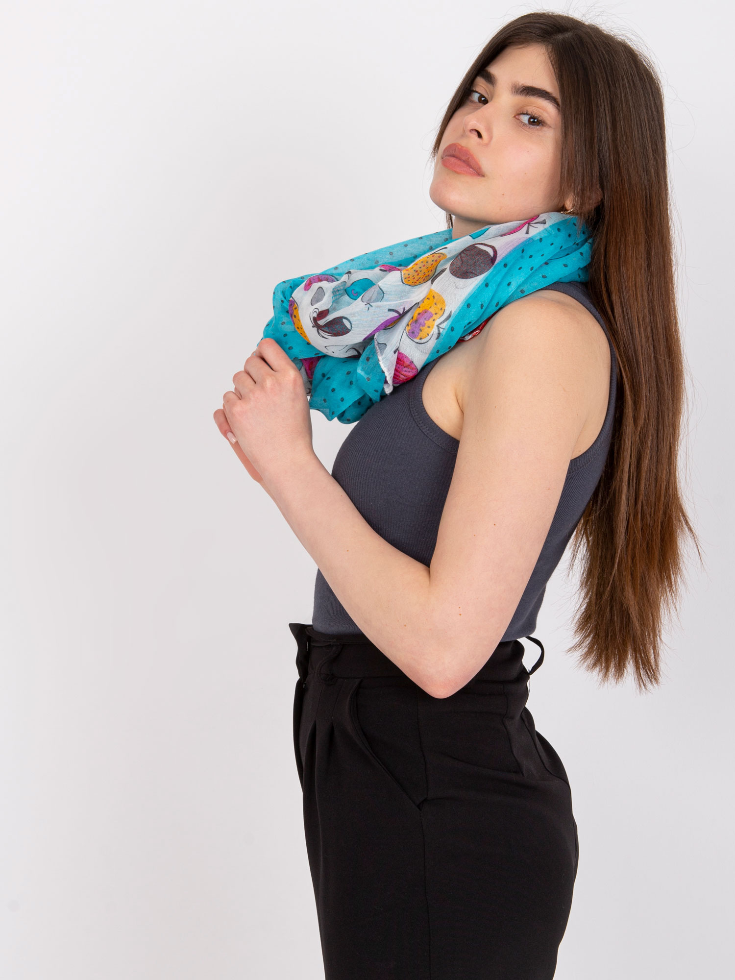 White and blue scarf with print