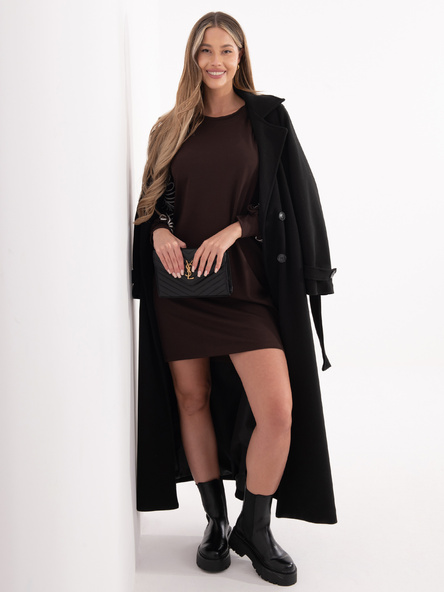 Czekoladowa sukienka z haftem na rękawach RUE PARIS 