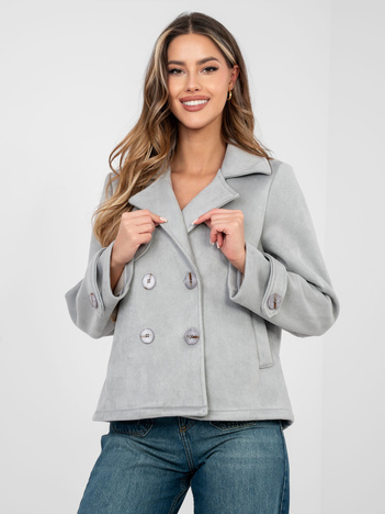 Jasnoszary krótki płaszcz z dwurzędowym zapięciem